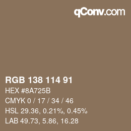 Color code: RGB 138 114 91 | qconv.com