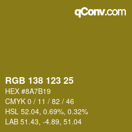 Color code: RGB 138 123 25 | qconv.com