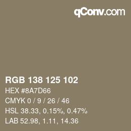 Color code: RGB 138 125 102 | qconv.com