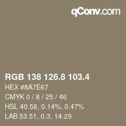 カラーコード: RGB 138 126.8 103.4 | qconv.com