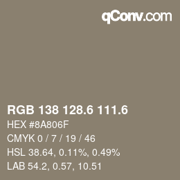 カラーコード: RGB 138 128.6 111.6 | qconv.com