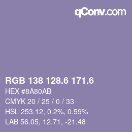 カラーコード: RGB 138 128.6 171.6 | qconv.com