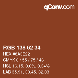 Color code: RGB 138 62 34 | qconv.com