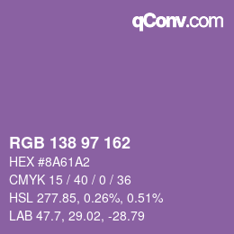 Color code: RGB 138 97 162 | qconv.com