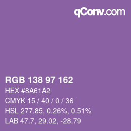 Color code: RGB 138 97 162 | qconv.com