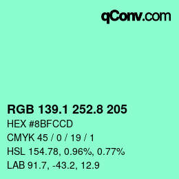 カラーコード: RGB 139.1 252.8 205 | qconv.com