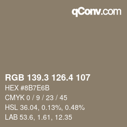 カラーコード: RGB 139.3 126.4 107 | qconv.com