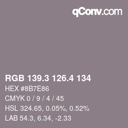 カラーコード: RGB 139.3 126.4 134 | qconv.com