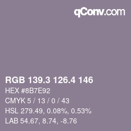 カラーコード: RGB 139.3 126.4 146 | qconv.com