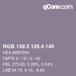 カラーコード: RGB 139.3 126.4 148 | qconv.com