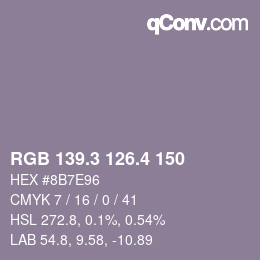 カラーコード: RGB 139.3 126.4 150 | qconv.com