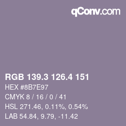 カラーコード: RGB 139.3 126.4 151 | qconv.com