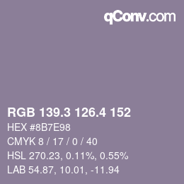 カラーコード: RGB 139.3 126.4 152 | qconv.com