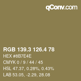 カラーコード: RGB 139.3 126.4 78 | qconv.com