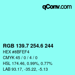カラーコード: RGB 139.7 254.6 244 | qconv.com