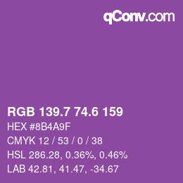 カラーコード: RGB 139.7 74.6 159 | qconv.com