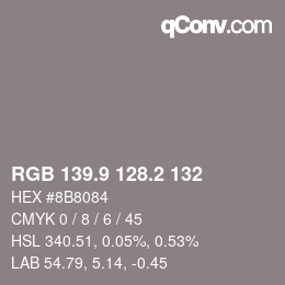 カラーコード: RGB 139.9 128.2 132 | qconv.com