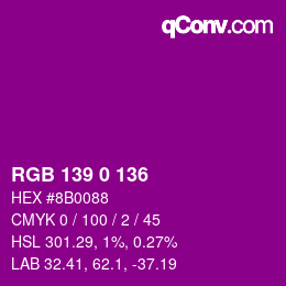 颜色代码: RGB 139 0 136 | qconv.com