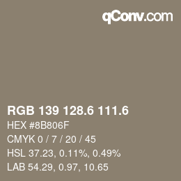 カラーコード: RGB 139 128.6 111.6 | qconv.com
