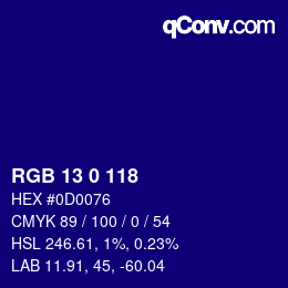 カラーコード: RGB 13 0 118 | qconv.com