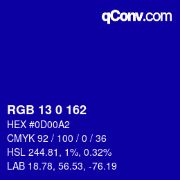 Color code: RGB 13 0 162 | qconv.com