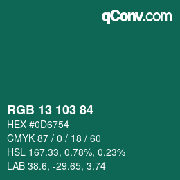 Color code: RGB 13 103 84 | qconv.com