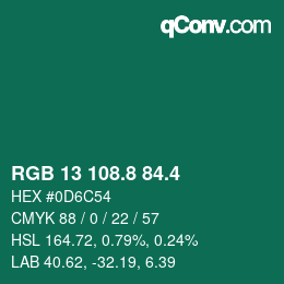 カラーコード: RGB 13 108.8 84.4 | qconv.com