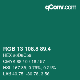 カラーコード: RGB 13 108.8 89.4 | qconv.com