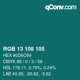 カラーコード: RGB 13 108 105 | qconv.com