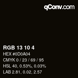 カラーコード: RGB 13 10 4 | qconv.com