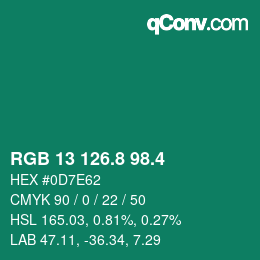 カラーコード: RGB 13 126.8 98.4 | qconv.com