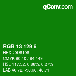 カラーコード: RGB 13 129 8 | qconv.com