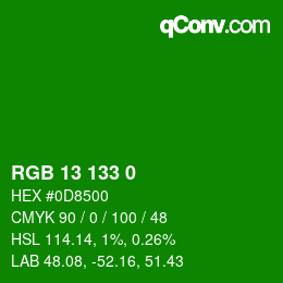 Color code: RGB 13 133 0 | qconv.com