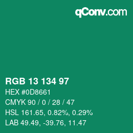 Color code: RGB 13 134 97 | qconv.com