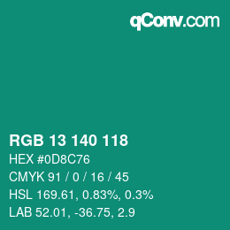 颜色代码: RGB 13 140 118 | qconv.com