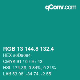 カラーコード: RGB 13 144.8 132.4 | qconv.com