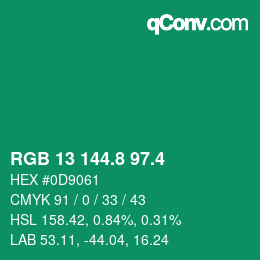 カラーコード: RGB 13 144.8 97.4 | qconv.com