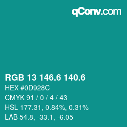 カラーコード: RGB 13 146.6 140.6 | qconv.com