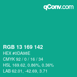 Color code: RGB 13 169 142 | qconv.com