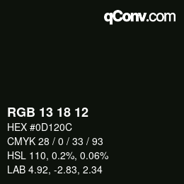 Color code: RGB 13 18 12 | qconv.com