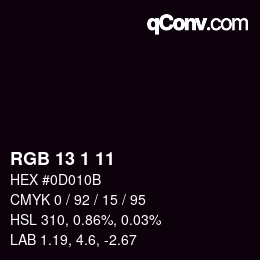 カラーコード: RGB 13 1 11 | qconv.com