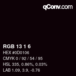 カラーコード: RGB 13 1 6 | qconv.com