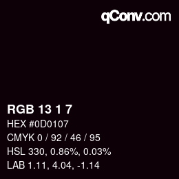 カラーコード: RGB 13 1 7 | qconv.com