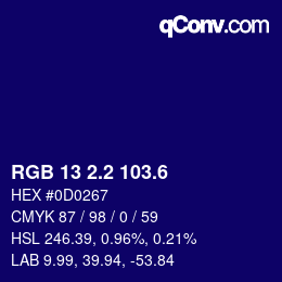 カラーコード: RGB 13 2.2 103.6 | qconv.com