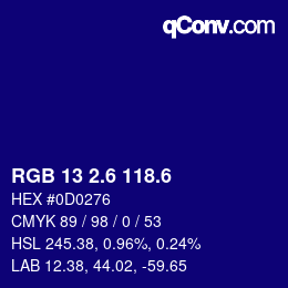 カラーコード: RGB 13 2.6 118.6 | qconv.com