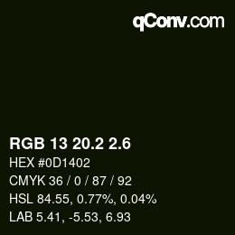カラーコード: RGB 13 20.2 2.6 | qconv.com