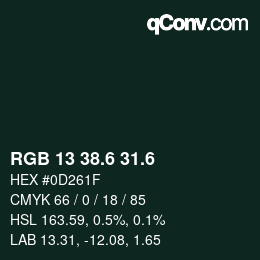 カラーコード: RGB 13 38.6 31.6 | qconv.com