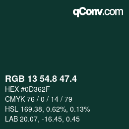 カラーコード: RGB 13 54.8 47.4 | qconv.com
