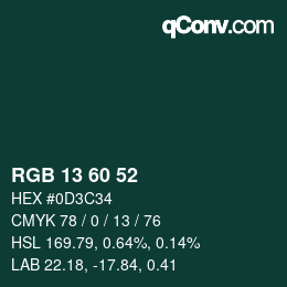 カラーコード: RGB 13 60 52 | qconv.com