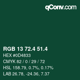 カラーコード: RGB 13 72.4 51.4 | qconv.com